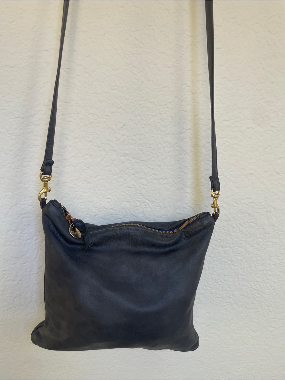 Clare V. Dark Blue Leather Crossbody Bag with Gold Hardware